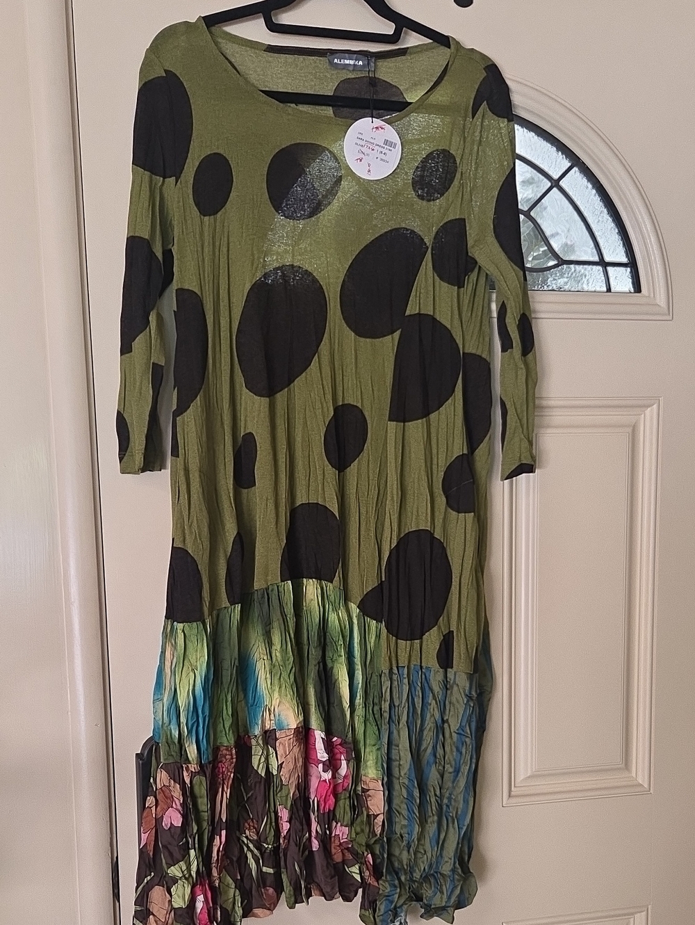 Alessandra Olive Green Long Sleeve Polka Dot Tiered Dress with Floral Hem
